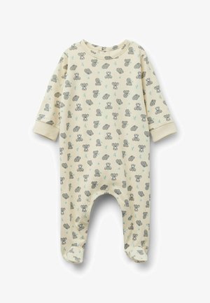 Body pour bébé couleur crème à manches longues et jambes couvertes, orné de petits koalas gris et de feuilles bleu clair.