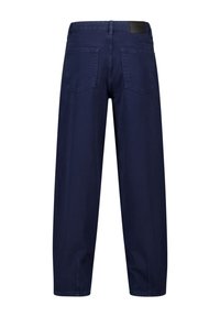 Navy blue denim trousers with a straight cut, five pockets, and a leather patch on the waistband. Stitching is visible along the seams.