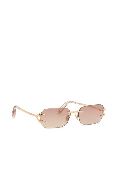 Lunettes de soleil rectangulaires sans monture avec verres bruns dégradés et branches en métal doré ornées d’accents décoratifs en forme de griffes.