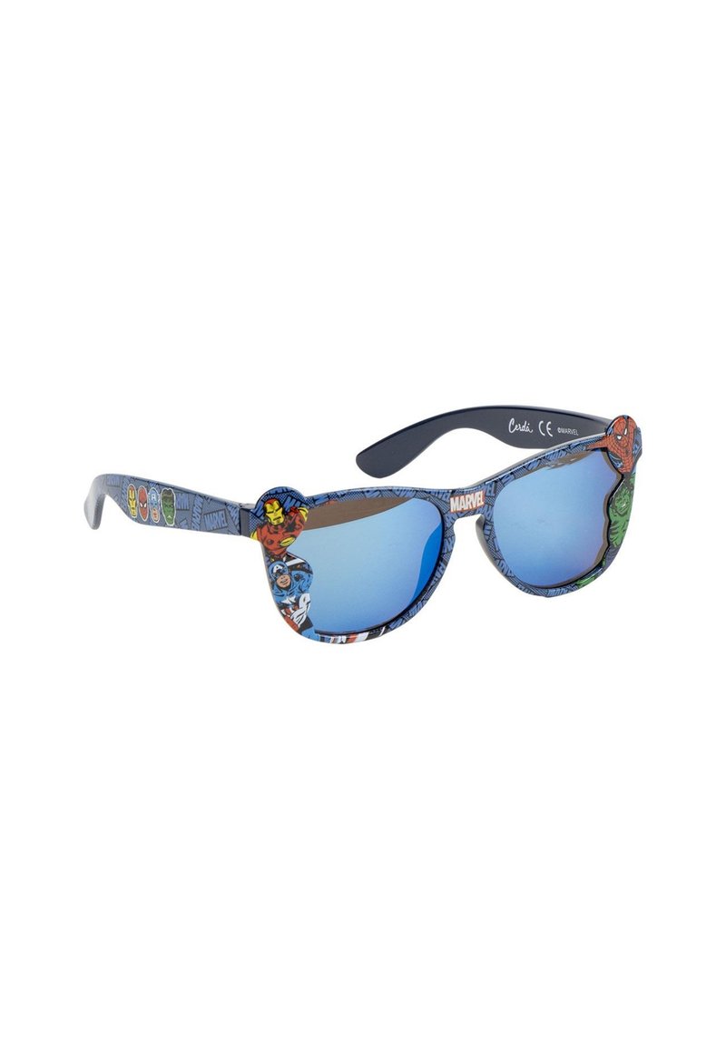 Marvel-themed sunglasses with blue mirrored lenses, featuring a patterned, colorful frame showcasing various superhero designs.