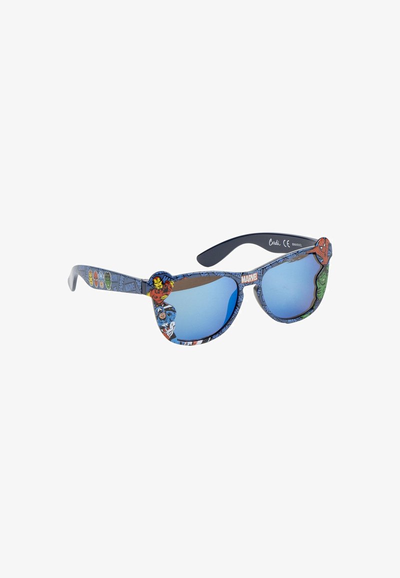 Marvel-themed sunglasses with blue mirrored lenses, featuring a patterned, colorful frame showcasing various superhero designs.