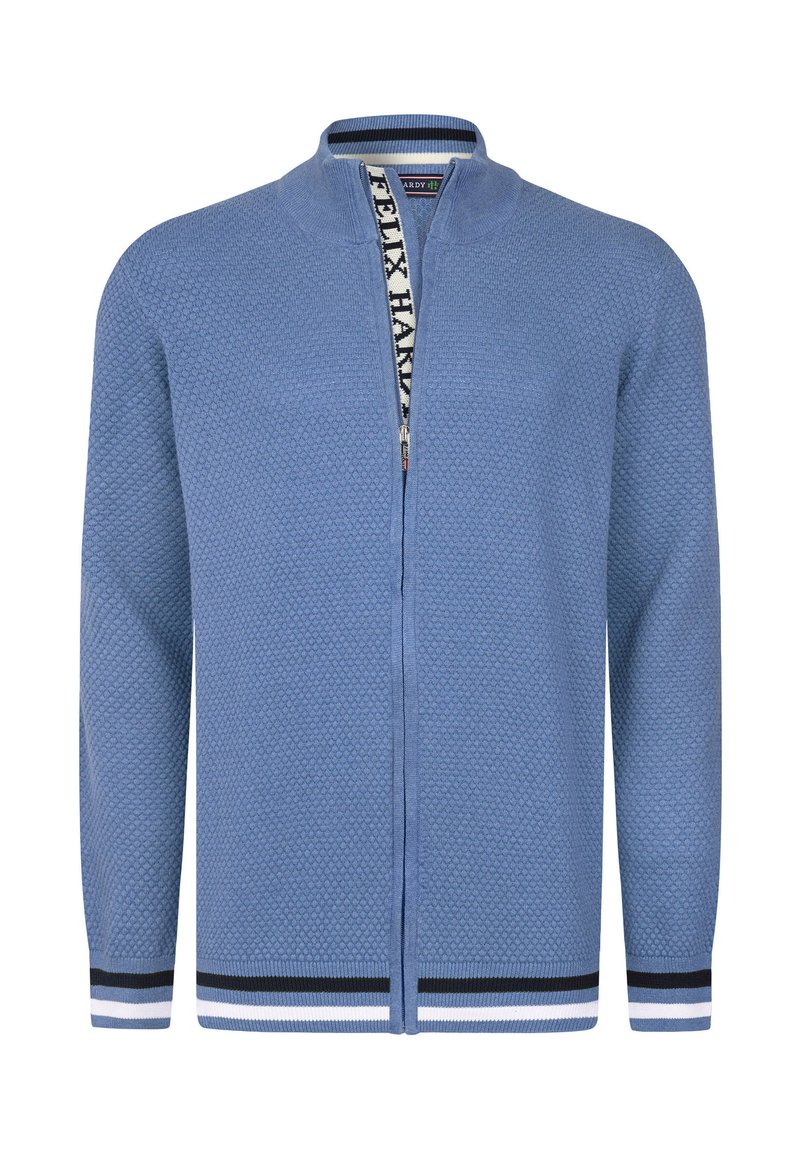 Ljusblå zip-up cardigan gjord av strukturerad stickad material. Har en ståkrage och randiga detaljer vid ärmsluten och kanten.