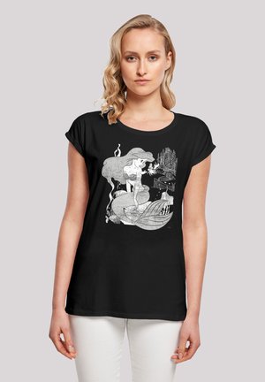 Black t-shirt with a graphic design featuring a mermaid, intricate ocean elements, and architectural details in white and light gray.