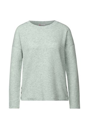 Světle zelený svetr s dlouhým rukávem, texturovaným vzorem, kulatým výstřihem a bočními knoflíkovými detaily. Vyrobeno z měkké, elastické látky.