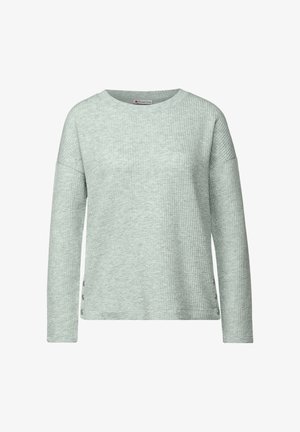 Morbido maglione verde chiaro a maniche lunghe con una trama testurizzata, scollo rotondo e dettagli con bottoni laterali. Realizzato in tessuto elastico e morbido.