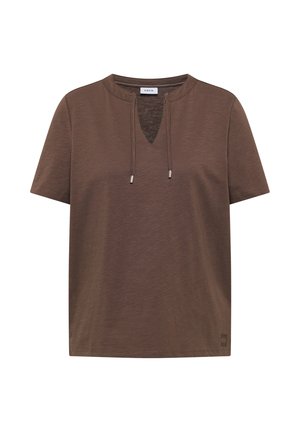 Camicia marrone a maniche corte con scollo tondo a intaglio e coulisse, design semplice e tessuto leggero.