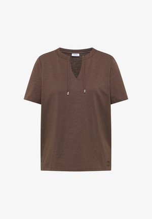 Bruin T-shirt met korte mouwen, ronde inkeping bij de hals en trekkoorden, effen ontwerp en lichtgewicht stof.