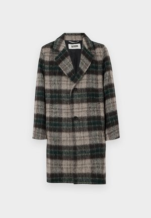 Płaszcz w kratę z wełny, w szaro-zielono-czarnym wzorze, z wyłogami, jednolitym zapięciem na guzik i bocznymi kieszeniami.