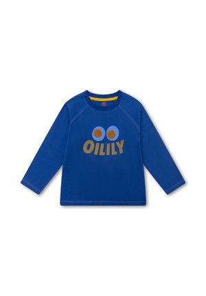 Blauwe langmouwige kindershirt met de tekst "Oilily" en twee blauwe cirkels met bruine gestructureerde centra op de voorkant, ronde halslijn.