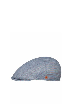 Blue and gray striped flat cap with a small round brown brand logo on the side, shown on a white background.