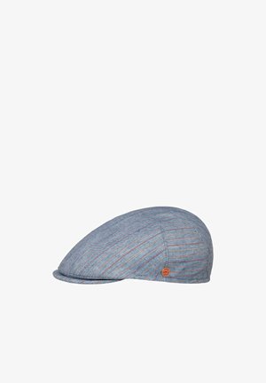 Blue and gray striped flat cap with a small round brown brand logo on the side, shown on a white background.