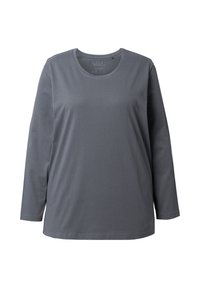 Grijze katoenen shirt met lange mouwen, een ronde halslijn en een losse pasvorm. Glad textuur, eenvoudig ontwerp zonder patronen of accenten.
