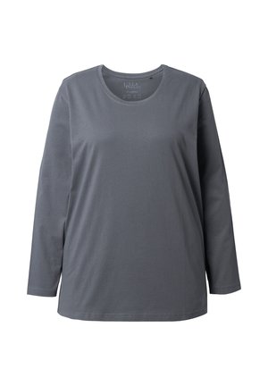 Chemise en coton gris à manches longues avec un col rond et une coupe décontractée. Texture lisse, design simple sans motifs ni accents.