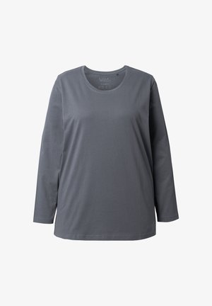 Langärmliges graues Baumwollhemd mit Rundhalsausschnitt und lockerer Passform. Glatte Textur, einfaches Design ohne Muster oder Akzente.