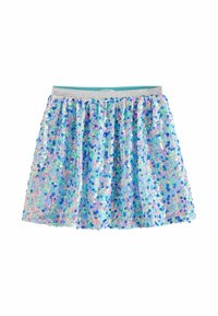 Jupe pailletée avec un motif irisé multicolore, présentant un design froncé et une ceinture argentée ajustée.