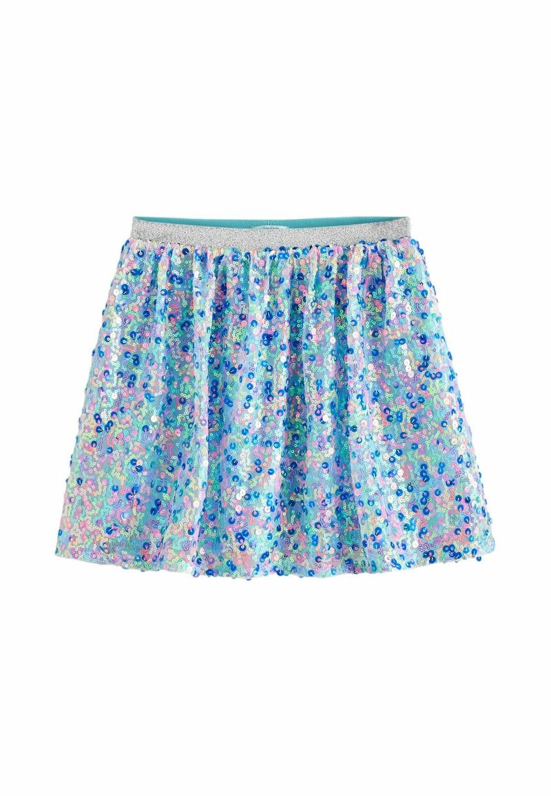 Jupe pailletée avec un motif irisé multicolore, présentant un design froncé et une ceinture argentée ajustée.