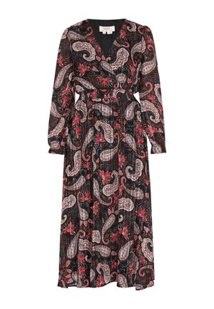 Lange zwarte jurk met een paisleypatroon in rood en wit. Heeft lange mouwen, een V-hals en een elastische taille voor een nauwsluitende look.