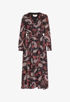 Hosszú fekete ruha piros és fehér paisley mintával. Hosszú ujjakkal, V-kivágással és rugalmas derékkal, amely jól illeszkedik.