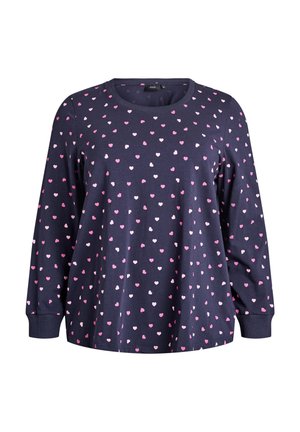 Dark navy long-sleeve shirt featuring scattered small pink and white heart patterns. Crew neck and loose fit with ribbed cuffs.