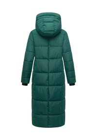 Long teal-green padded winter coat with hood, quilted design, and black adjustable wrist cuffs, shown from the back.
