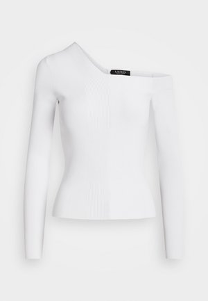 Valkoinen ribbitekoinen paita, jossa on epäsymmetrinen muotoilu, joka sisältää yhden pitkän hihansuun ja laajan kaula-aukon. Tekstuurihohto korostaa muotoa.