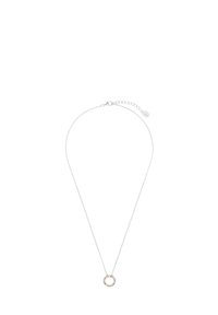 Collana d'argento con una catena sottile e un pendente circolare con un insieme di pietre preziose multicolori. Design semplice con un gancio.