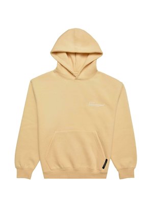 Beige kapuutsiga särke pehmest kangast, millel on esi-tasku, reguleeritav kapuuts ja valge trükk rinnal.