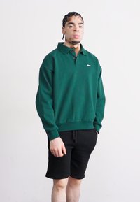Pull vert avec un col et un petit logo, associé à un short noir. Le tissu semble doux avec une coupe décontractée et des bords côtes aux poignets.