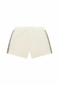 Shorts de couleur crème avec une taille élastique et des rayures latérales contrastantes présentant un motif géométrique. Tissu doux, longueur au-dessus du genou.