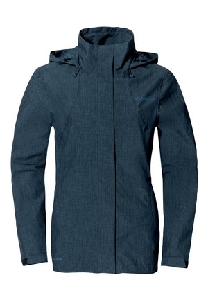 Veste bleu foncé résistante à l'eau avec un col haut, capuche ajustable et manches longues; présente un tissu texturé et une fermeture éclair avant.