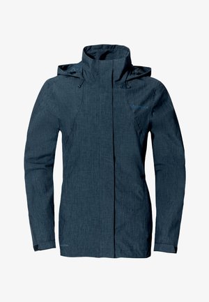 Veste bleu foncé résistante à l'eau avec un col haut, capuche ajustable et manches longues; présente un tissu texturé et une fermeture éclair avant.