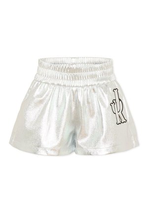 Zilverkleurige metallic korte broek met brede elastische tailleband en zwart geborduurd logo op het rechterbeen.