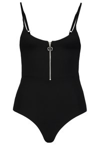 Zwarte geribbelde badpak met verstelbare bandjes en een zilveren ritssluiting aan de voorkant. Hoge beenuitsnijding en een nauwsluitend ontwerp accentueren de lichaamsvorm.