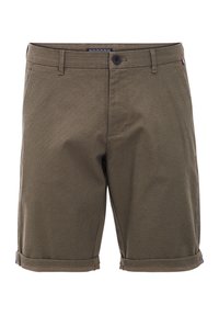 Olivgröna shorts i lättviktig tyg, med ett subtilt texturmönster, knappstängning och uppvikt fåll.