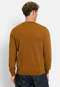 Braun gestrickter Pullover mit Rundhalsausschnitt, gerippten Bündchen und Saum. Glatte Textur mit enganliegender Silhouette, von hinten gezeigt.