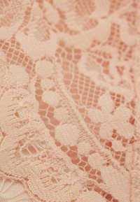 Delicate perzikkleurige kantstof met bloemen- en stippenpatronen, gekenmerkt door intricate details en een fijne, textuur- en gelaagd uiterlijk.