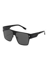 Ochelari de soare rectangulari negri cu lentile întunecate, având o finisare mată, un design pătrat și o branduire minimă pe brațe.