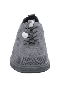 Gray knit sneaker with elastic laces, textured upper, and a rubber sole. Features a pull tab and minimalist design.