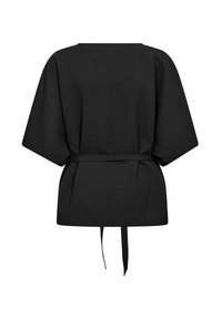Tunic nera con una vestibilità ampia, maniche larghe e una cintura da annodare in vita. Tessuto liscio e design minimalista.