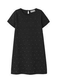 Schwarzes Kurzarmkleid mit rundem Ausschnitt und Rückenschlitz. Verziert mit silbernen Punktapplikationen und aus weichem Baumwollstoff gefertigt.