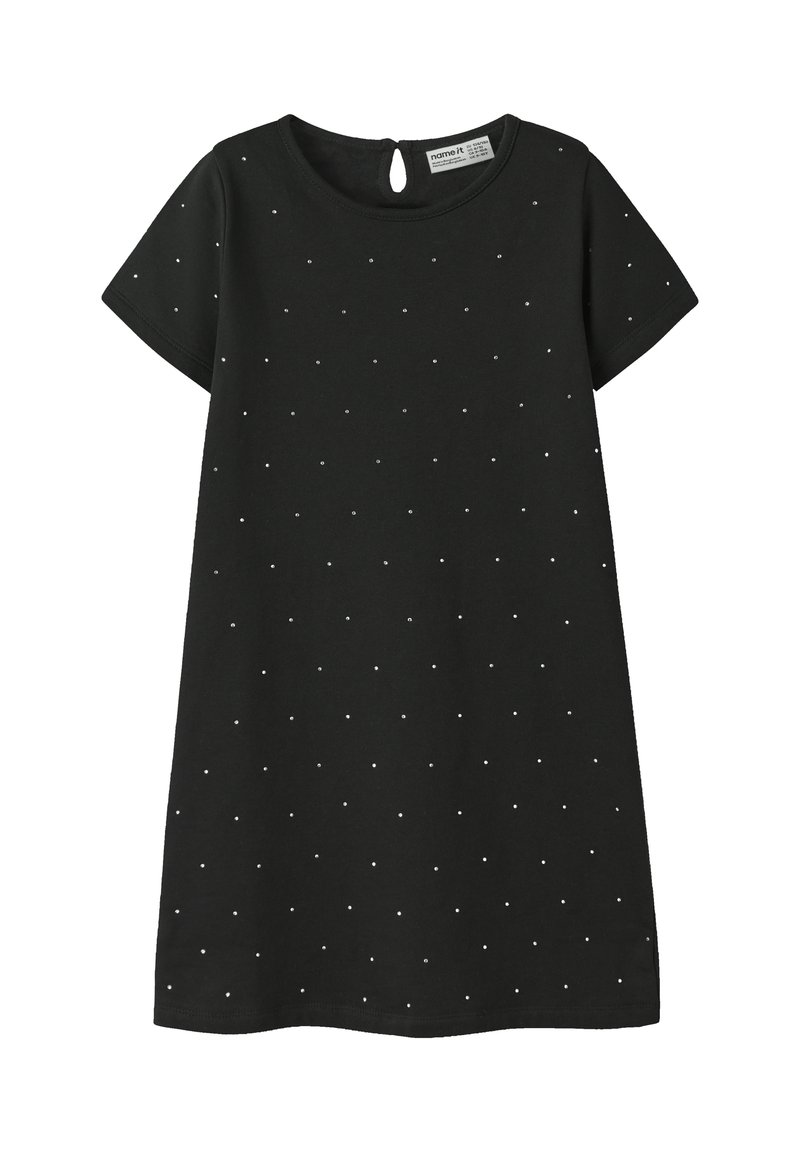 Schwarzes Kurzarmkleid mit rundem Ausschnitt und Rückenschlitz. Verziert mit silbernen Punktapplikationen und aus weichem Baumwollstoff gefertigt.