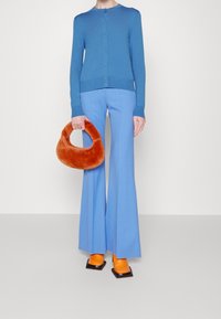 Blå stickad cardigan med knappar, i kombination med ljusblå flarebyxor. Håller en handväska i orange päls. Orange klackskor med blockklack.