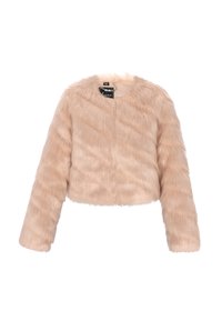 Nepbont cropped jack in zacht beige, met lange mouwen, een ronde halslijn en een haaksluiting. De textuur lijkt fluffy en zacht.