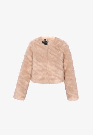 Nepbont cropped jack in zacht beige, met lange mouwen, een ronde halslijn en een haaksluiting. De textuur lijkt fluffy en zacht.