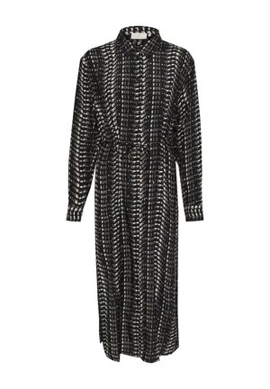 Mustmustbus, pikad varrukad, krae, sidumine vööl ja valge geomeetriline muster kogu ulatuses. Sujuv, kerge kangas.