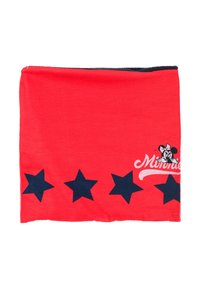 Scaldacollo in cotone rosso con motivi a stelle blu navy e un'immagine di un personaggio con la scritta "Minnie" in un carattere corsivo.