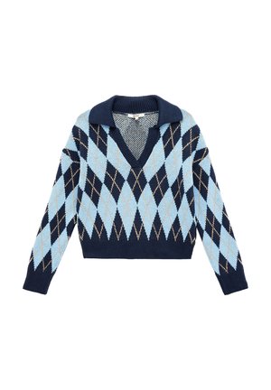 Marineblauer und hellblauer Argyle-Strickpullover mit langen Ärmeln, tiefem V-Ausschnitt und breitem Kragen, durchgängig mit Diamantmuster.
