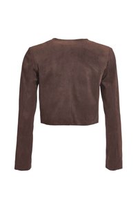 Veste courte en daim marron avec manches longues, vue de dos, montrant des coutures propres et un design simple.