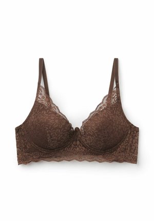 Soutien-gorge en dentelle marron avec des bonnets moulés, un motif floral délicat, des bords festonnés, des bretelles ajustables et une bande lisse.