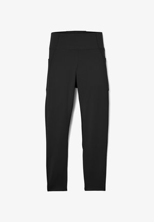 Schwarze Sportleggings mit hohem Bund und seitlichen Taschen, aus elastischem Material mit Flachnähten für zusätzlichen Komfort.